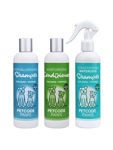 DOG GROOMING TRIO - Soothing Hypoallergenic Shampoo, Moisturizing Conditioner, Conditioning Waterless Shampoo